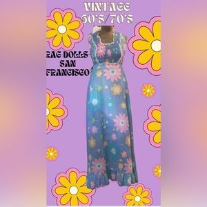Vintage Rag Dolls-70’s- bright floral print , sleeveless dress- smocked bodice